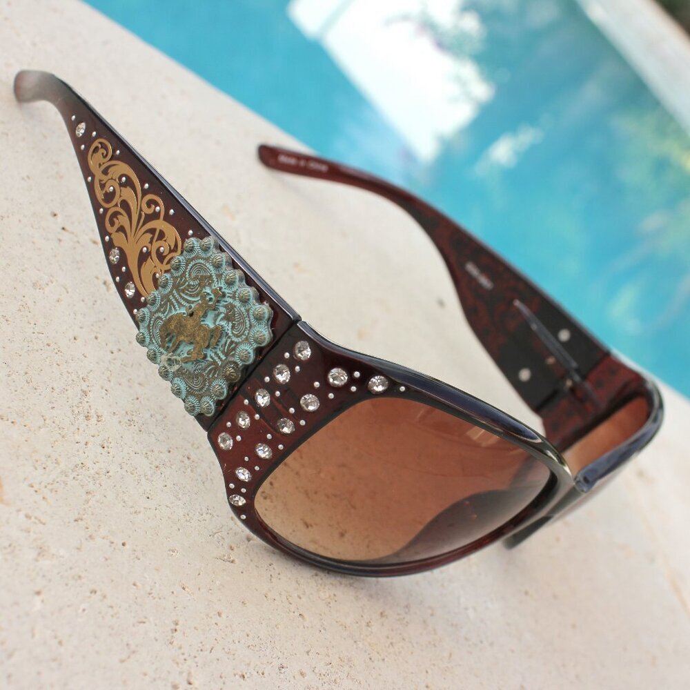Montana West Sunglasses in Coffee w/Bucking Bronco Concho Accents - Picture 7 of 12